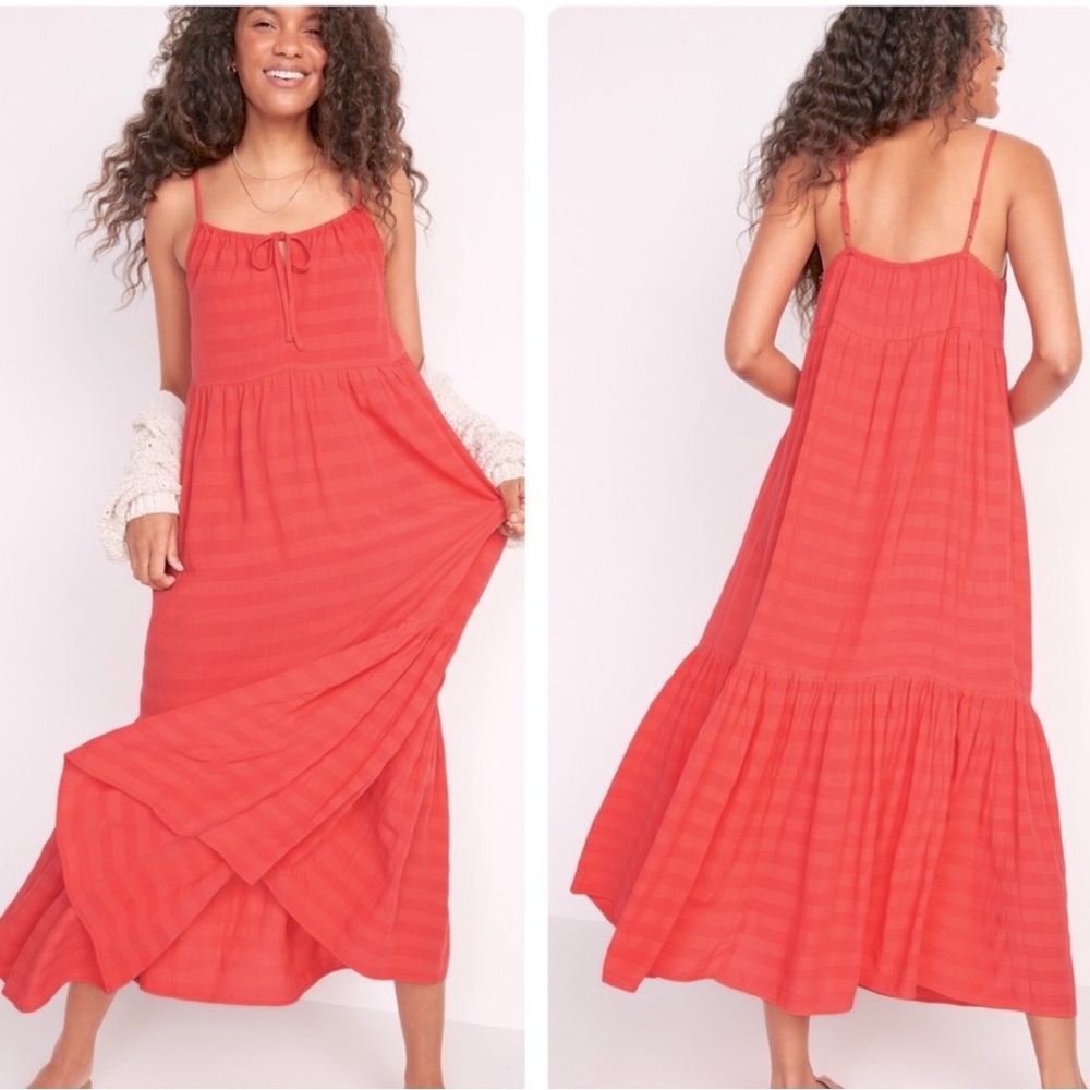 ❤️ NWT Old Navy Women's Tiered Tie-Front Maxi Swing Sundress Dress Red Lory SZ L